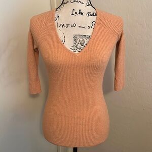 Y2K Bebe Orange Metallic V-Neck Top 2000’s Feminine Casual Fitted Boho